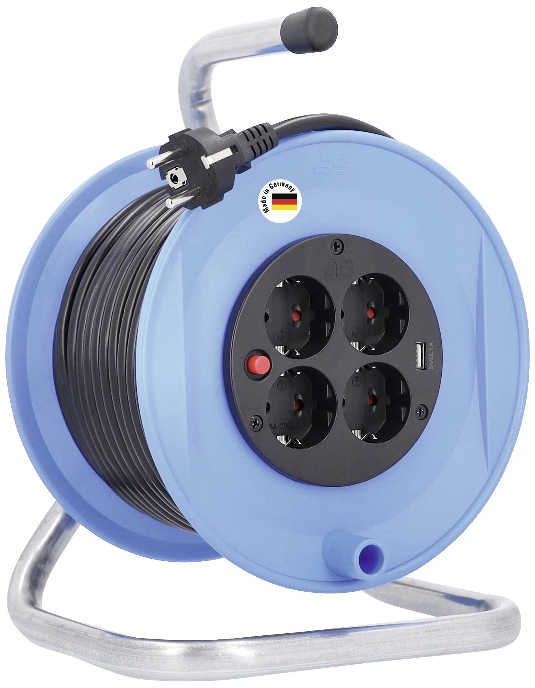 Blaue Kabeltrommel mit vier Steckdosen, Bediengriff und deutschem Qualitätssiegel.