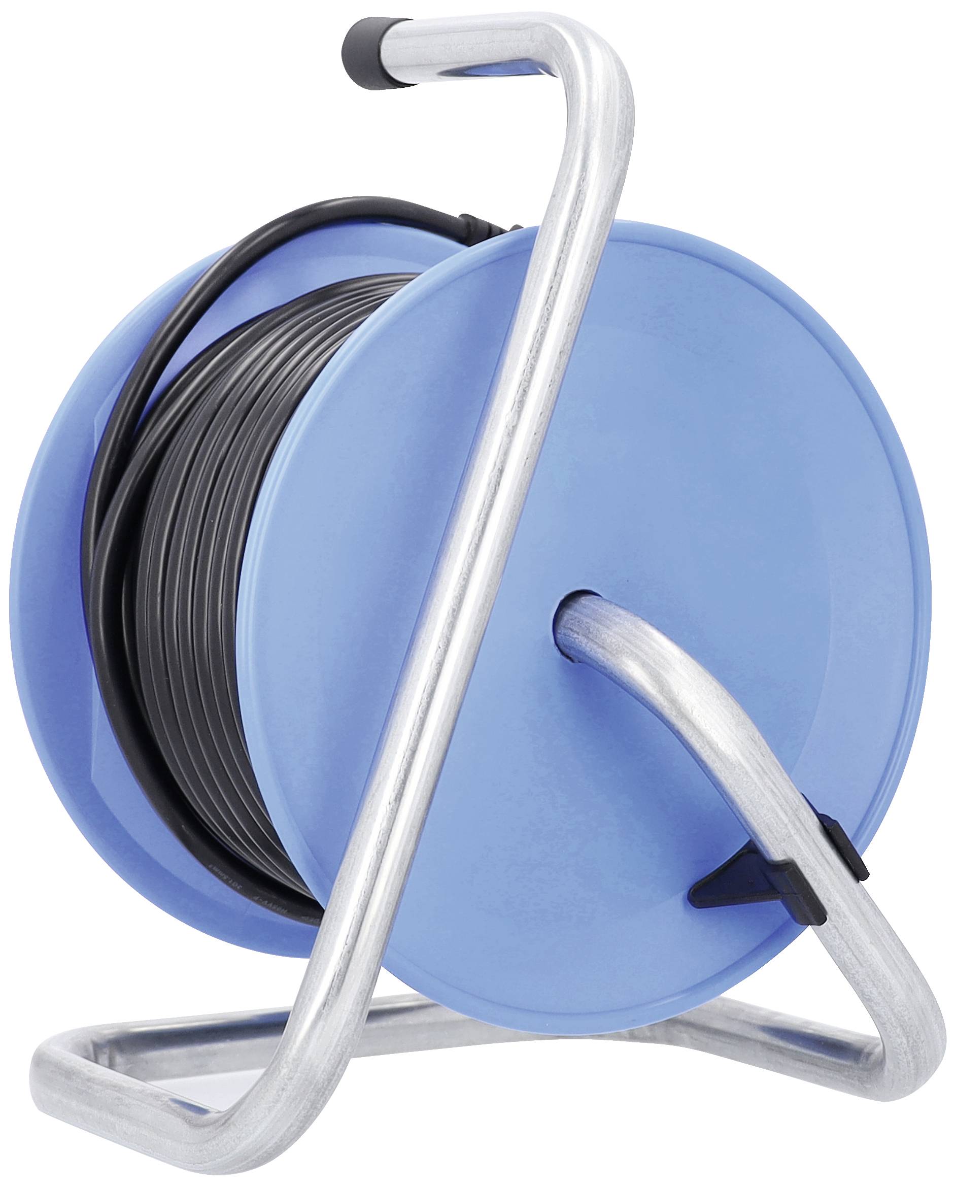 Eine blaue Kabeltrommel mit silbernem Metallgestell und schwarzem Kabel.