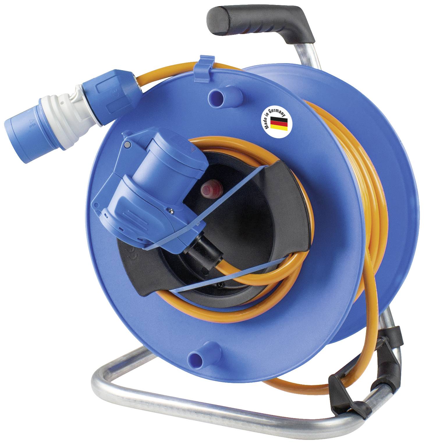 Ein blauer Kabeltrommel mit orangem Kabel und blauer Steckdose. Griff oben, auf einem Metallgestell. 'Made in Germany'-Aufkleber.
