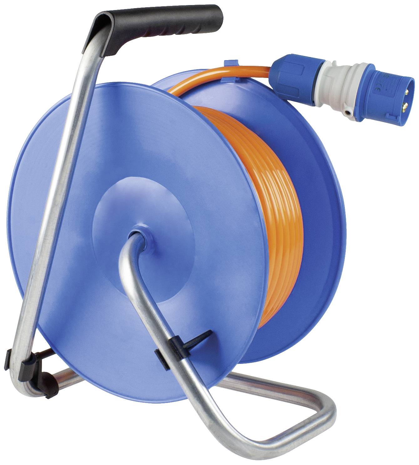 Eine blaue Kabeltrommel mit orangem Kabel und blauem Stecker auf einem silbernen Gestell, bereit für den Einsatz.