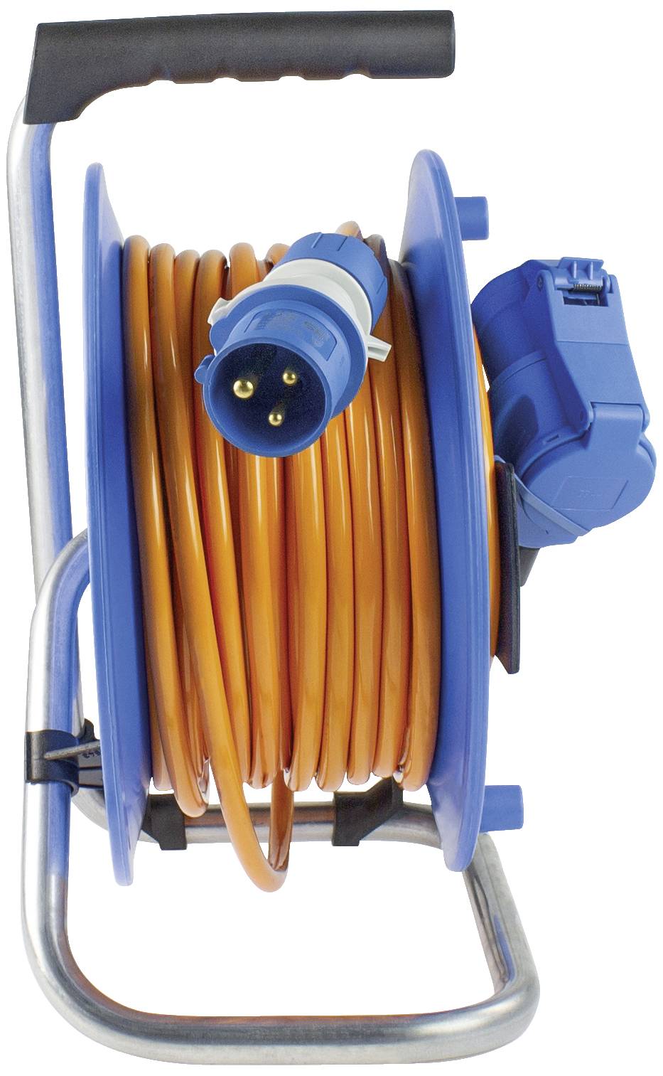 Ein blauer Kabeltrommelhalter mit langem, orangefarbenem Kabel und einem blauen Stecker. Das Kabel ist ordentlich aufgewickelt.