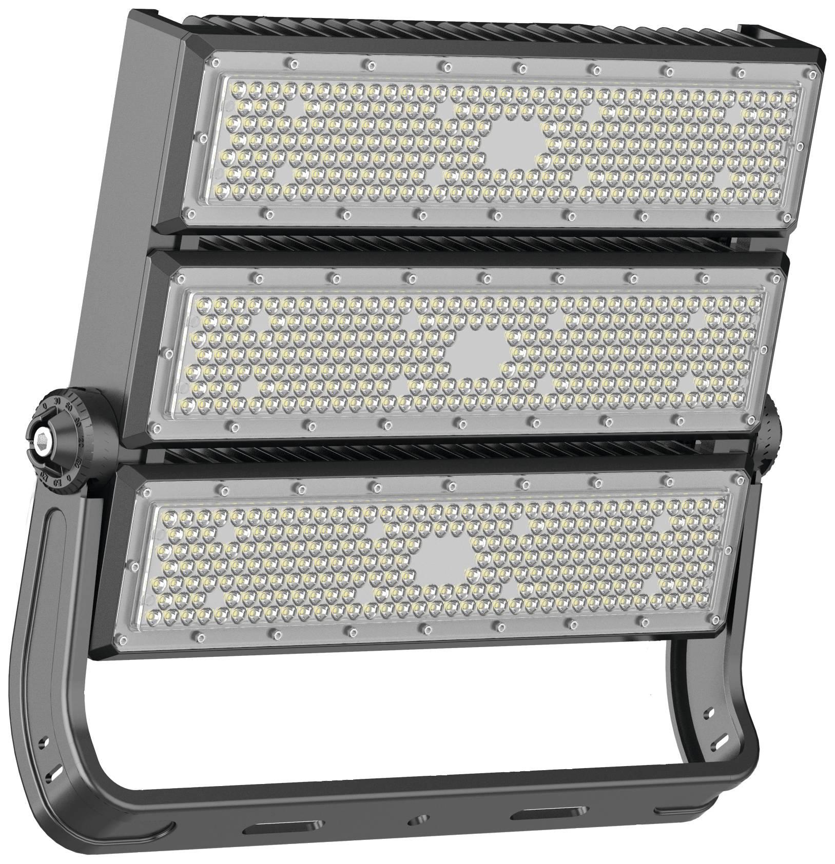 Dreiteiliger LED-Scheinwerfer, befestigt an einem justierbaren Halter. Geeignet für großflächige Beleuchtung im Außenbereich.