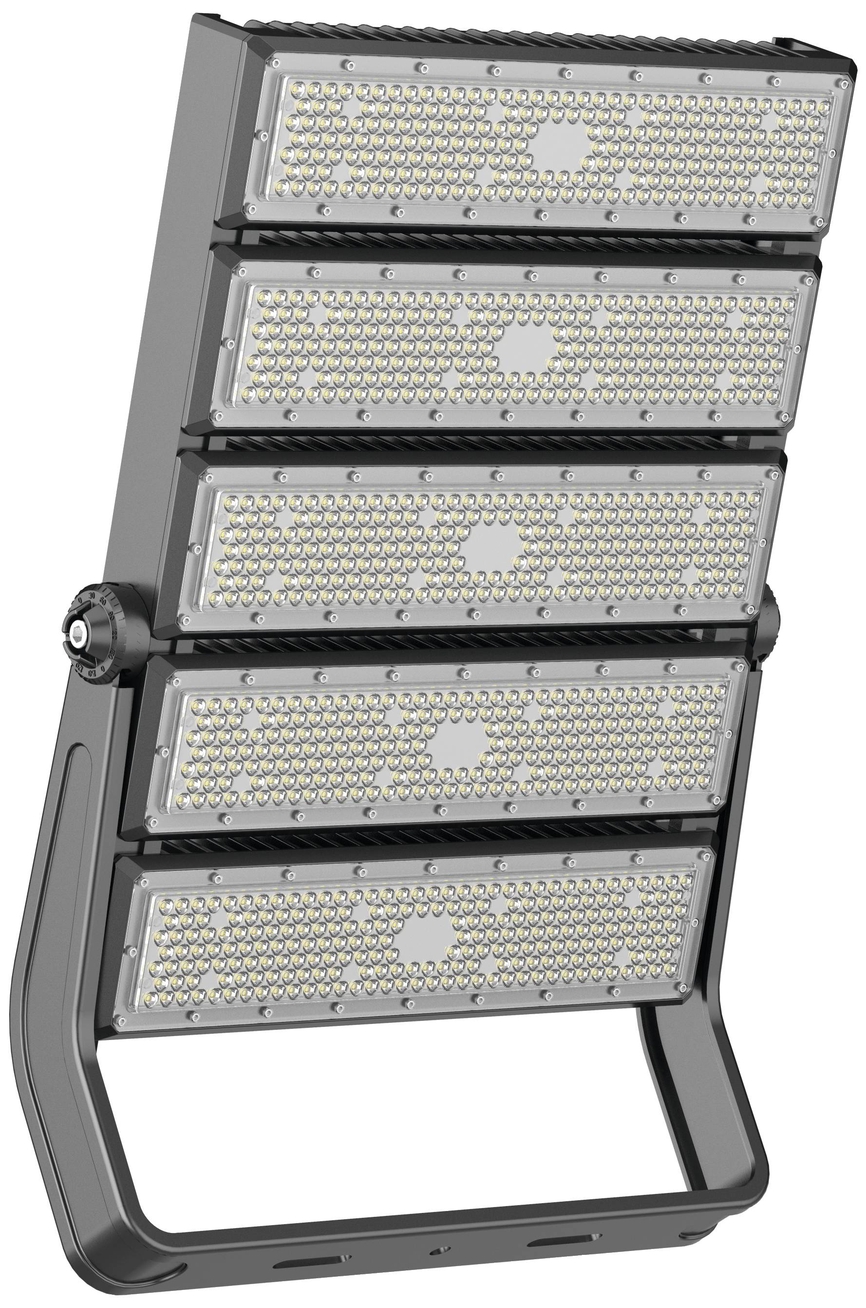 Ein LED-Flutlicht mit fünf rechteckigen, übereinander angeordneten Leuchtmodulen in einem stabilen Rahmen. Ideal für große Flächen.