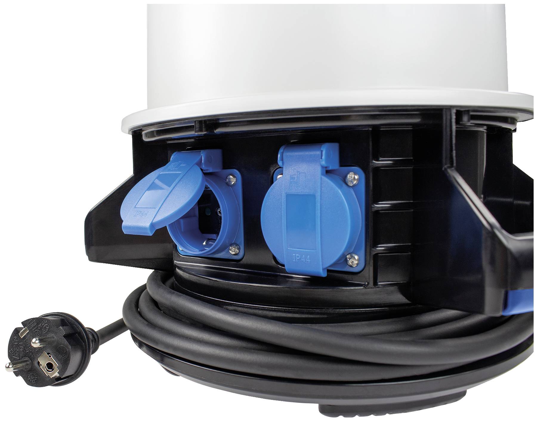 Ein elektrisches Gerät mit mehreren blauen Steckdosen und aufgewickeltem schwarzen Kabel; verwendet für Stromverteilung.