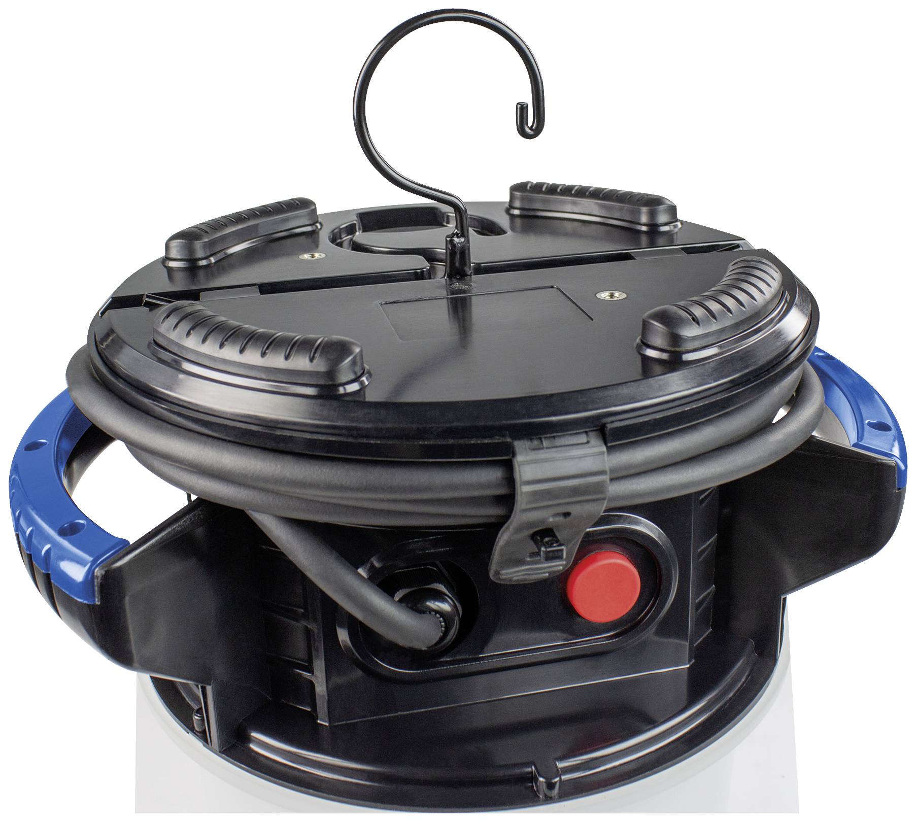 Schwarze Kabeltrommel mit blauem Griff, rotem Knopf und Hakenaufsatz.