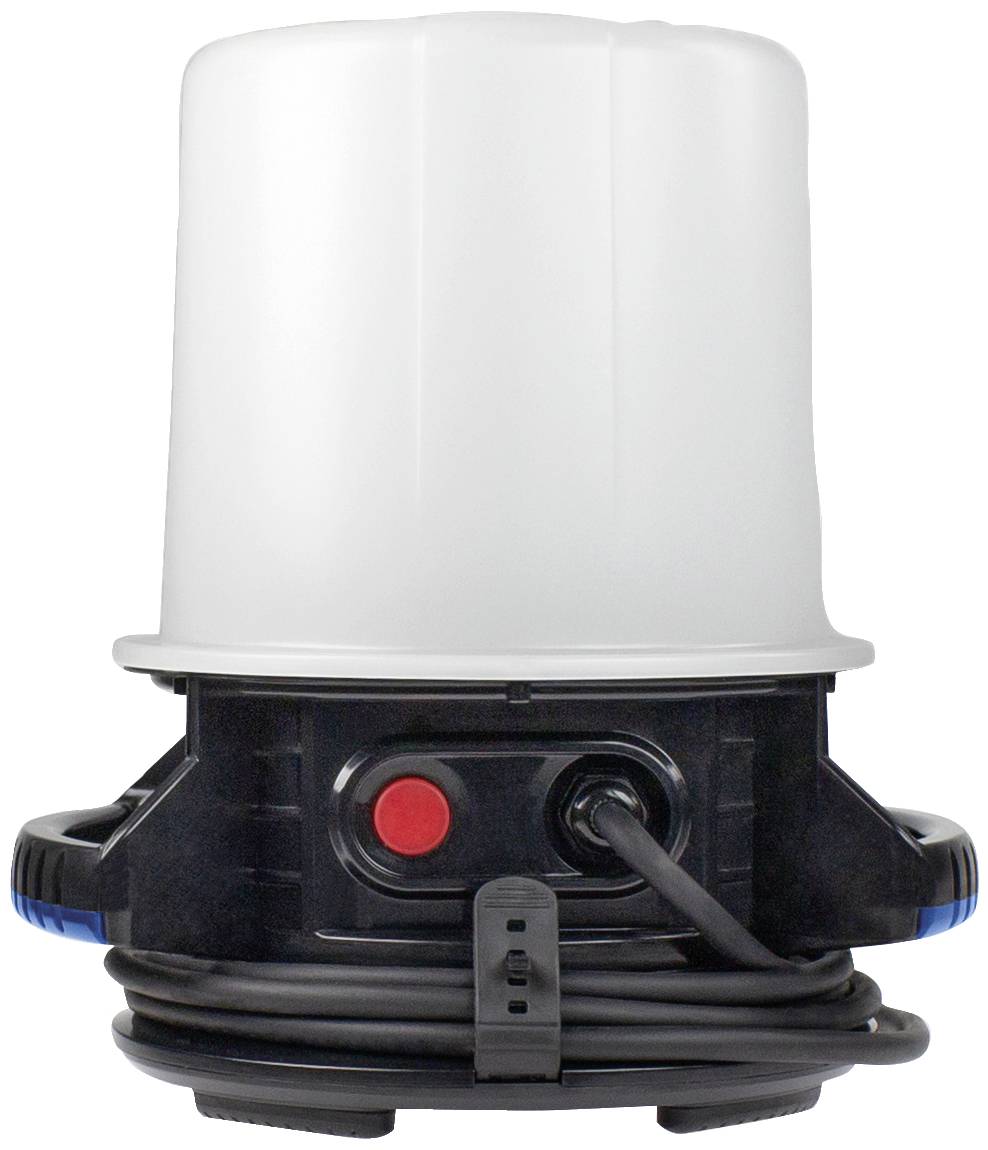 Ein weißer, zylindrischer Wasserfilter mit schwarzer Basis und rotem Knopf. An der Basis ist ein Kabel angeschlossen.