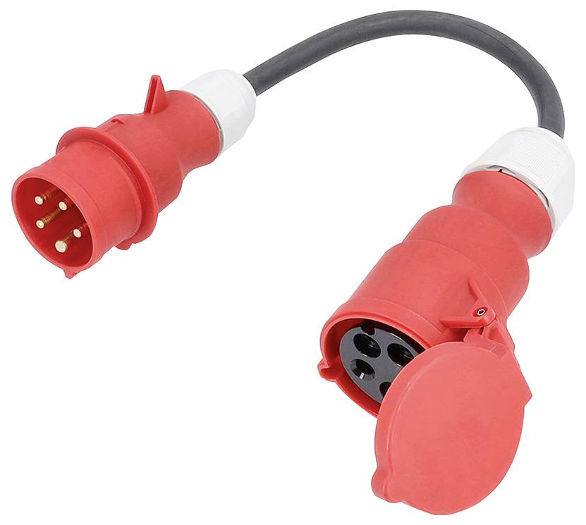 Ein roter industrieller elektrischer Stecker und Verbindungsstecker mit mehreren Kontakten, für Hochleistungsanwendungen konzipiert, vor einem weißen Hintergrund isoliert.