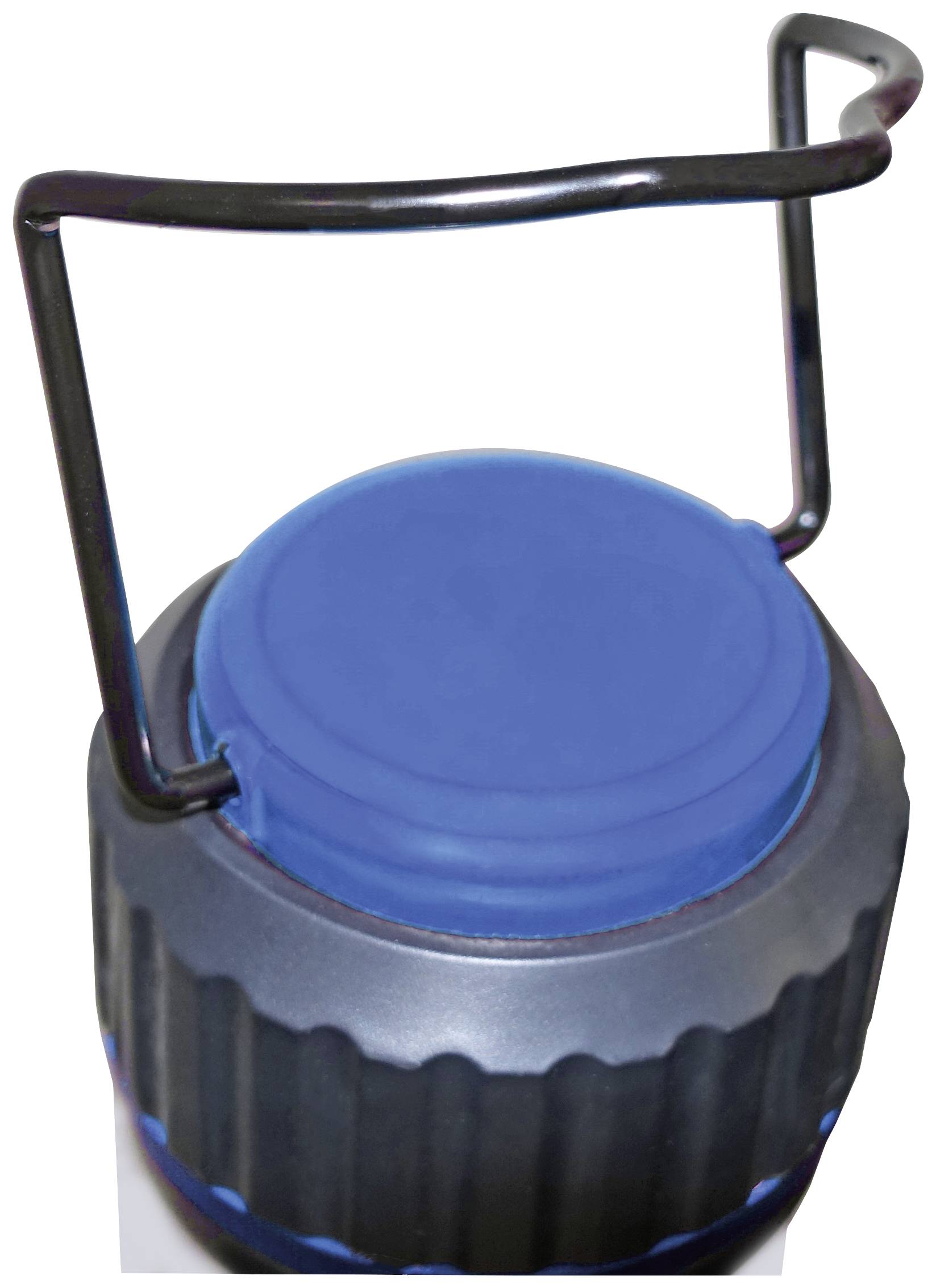 Getränkeflasche mit blauem Schraubverschluss und schwarzem Tragegriff.