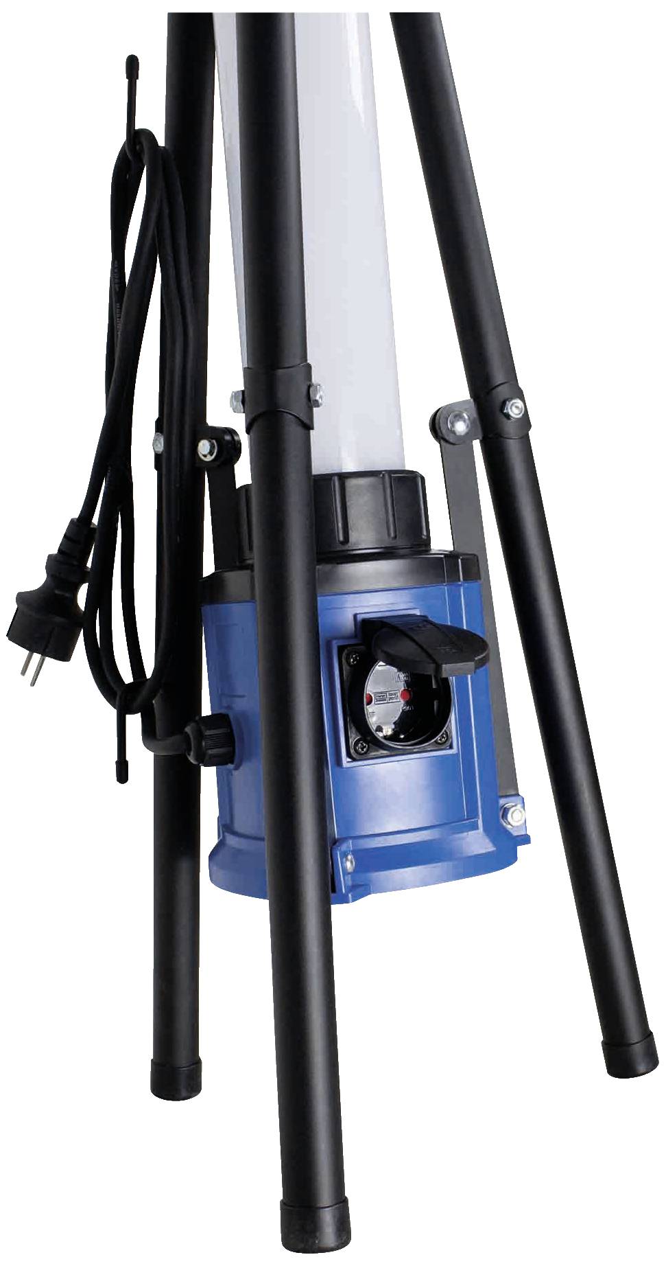 Ein blaues elektrisches Gerät mit schwarzem Ständer und Stromkabel. Es hat ein Zifferblatt und ist Teil eines Stativsystems.