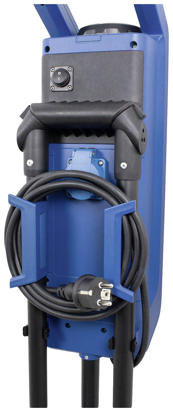 Elektrisches Gerät in Blau mit schwarzem Kabel, das um die Halterung gewickelt ist. Oben befindet sich ein Schalter.