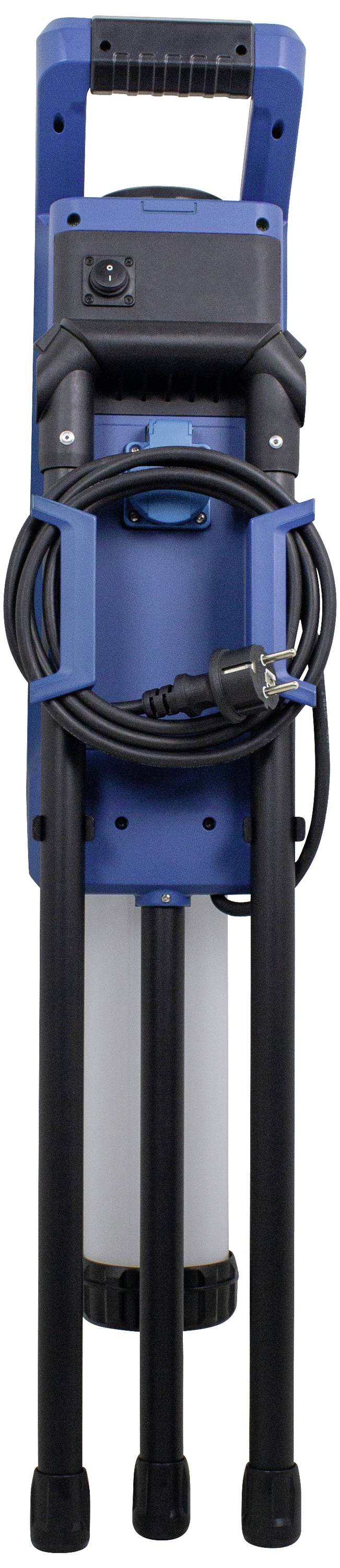 Ein blaues tragbares Gerät mit drei schwarzen Beinen und einem Netzkabel, wahrscheinlich eine Arbeitsleuchte oder ein Baustellenlicht.
