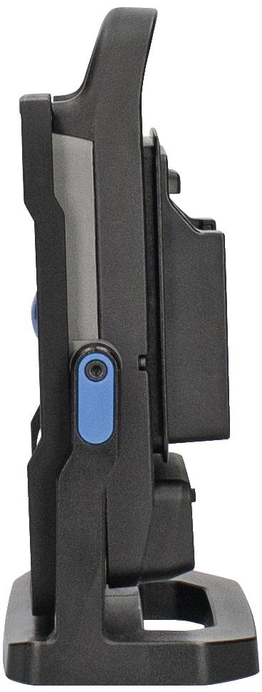 Seitliche Ansicht eines schwarzen, stehenden Geräts mit blauen Akzenten.