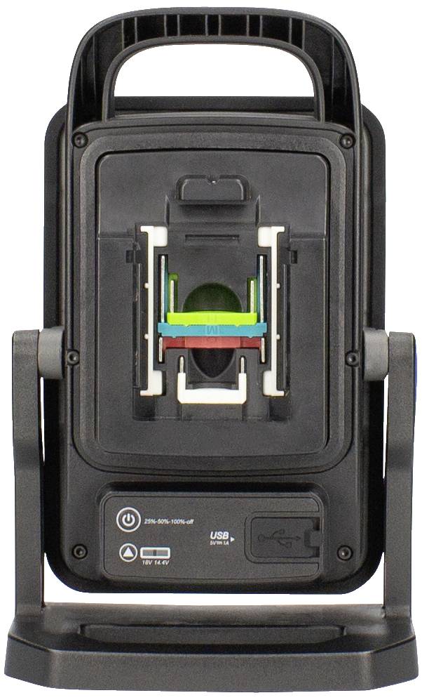 Eine kompakte, tragbare LED-Arbeitsleuchte mit USB-Anschluss auf der Vorderseite. Ideal zur Beleuchtung von Arbeitsbereichen.