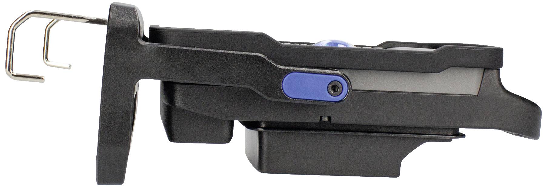 Seitenansicht eines schwarzen Montageclips mit blauer Taste, Metallhaken links. Hauptsächlich für industrielle oder technische Anwendungen geeignet.