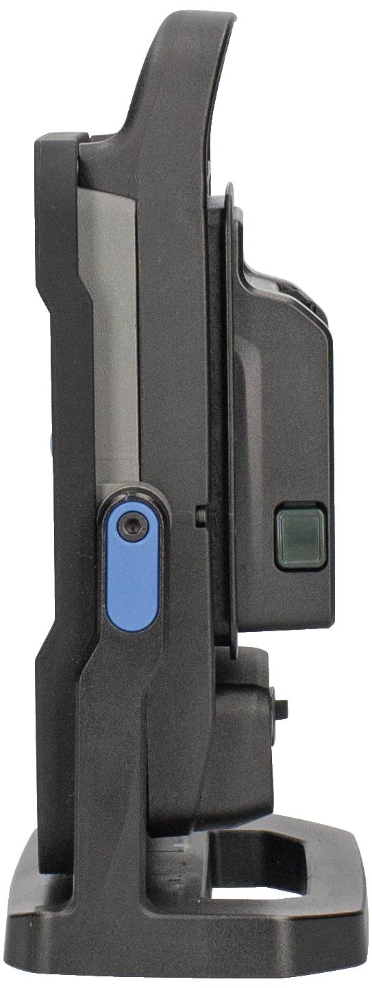 Ein vertikales, schwarzes Plastikgerät mit blauem Knopf und grünem Schalter auf der Seite.