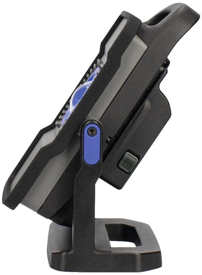 Seitliche Ansicht eines tragbaren LED-Strahlers mit blauem Akzent auf dem Standfuß.