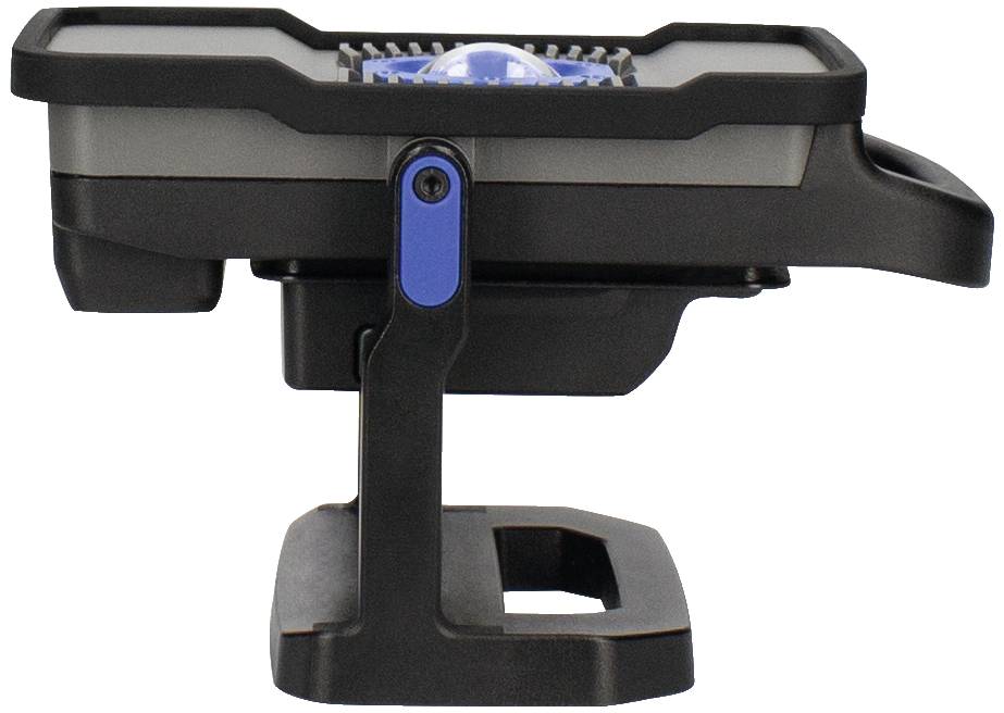 Schwarz-graue Lampe mit blauem Akzent auf einem stabilen, verstellbaren Ständer.