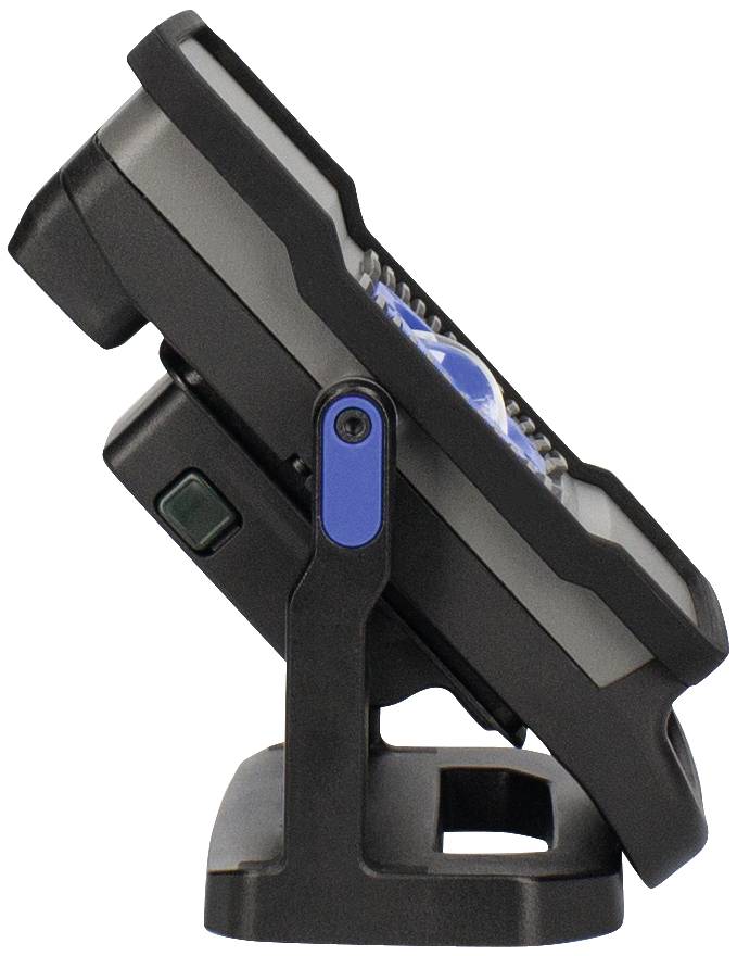 Tragbarer, einstellbarer LED-Fluter in seitlicher Ansicht mit blauem Schalter und Ständer, geeignet für Außenbeleuchtung.
