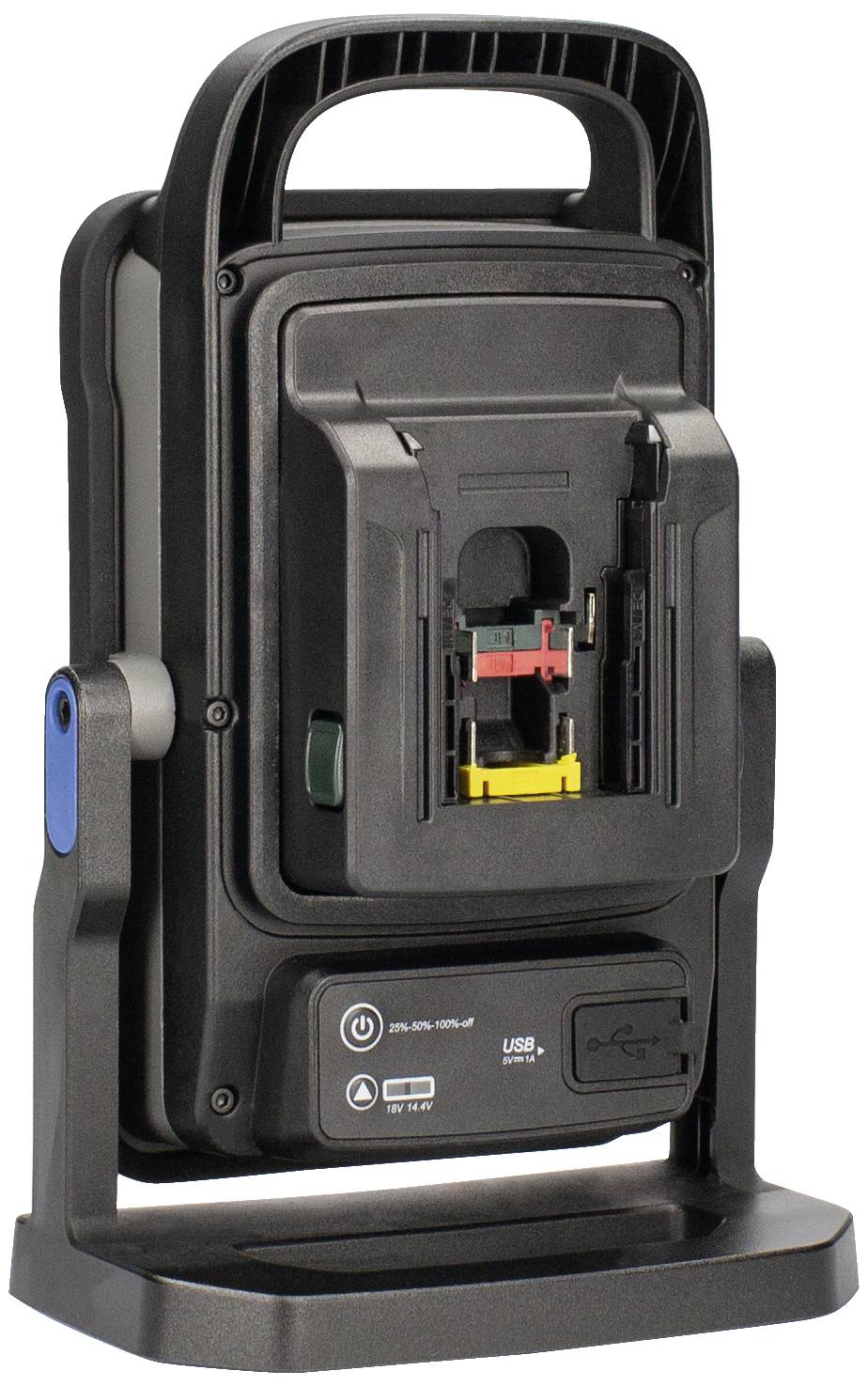 Ein tragbarer LED-Arbeitsstrahler mit integriertem Akku, USB-Anschluss zum Laden und flexiblem Standfuß, Vorderansicht.