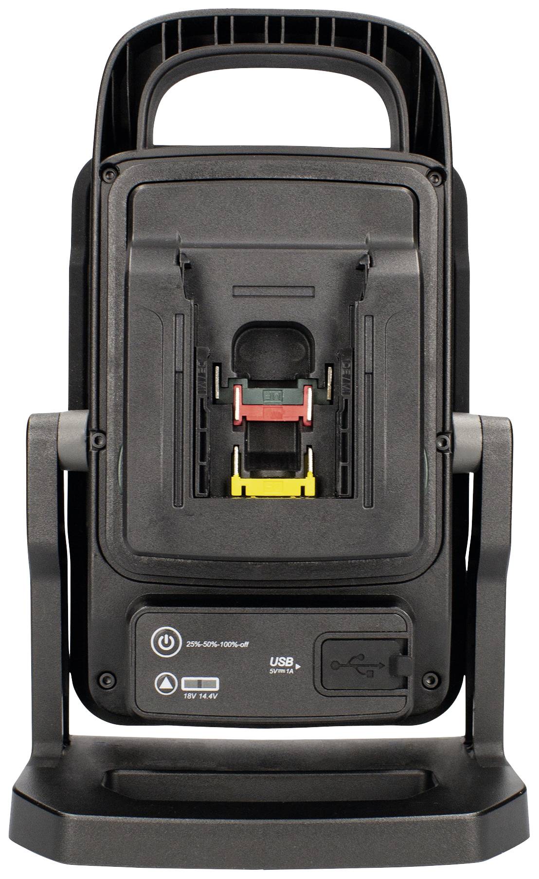 Ein Rückansicht eines schwarzen Ladegeräts mit einem Haltegriff. Sichtbar sind USB-Anschluss, Schalter und Ladepfade mit farbigen Markierungen.