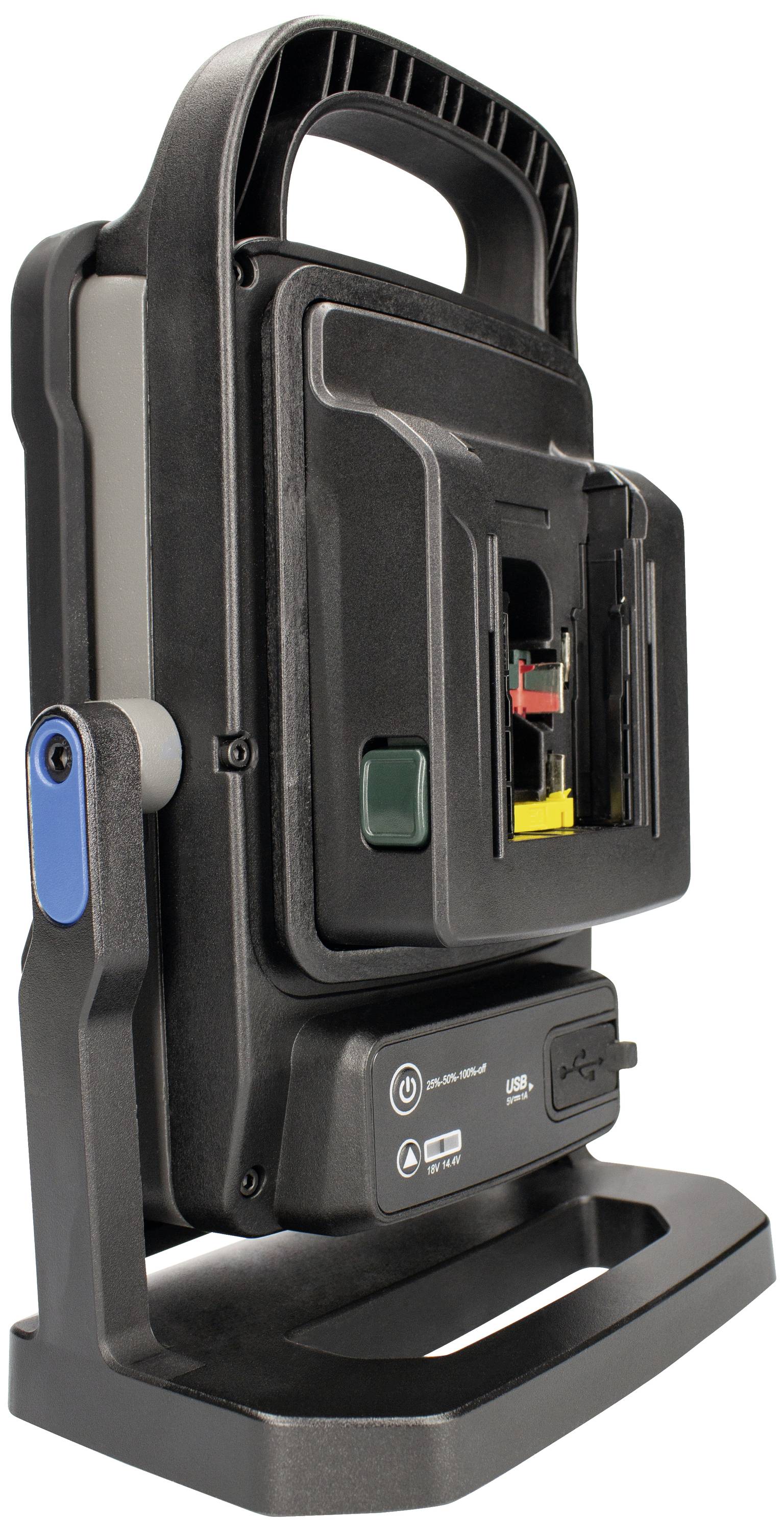 Ein tragbares, wiederaufladbares LED-Arbeitslicht in einer stabilen schwarzen Kunststoffhülle mit Griff und einstellbarem Standfuß.