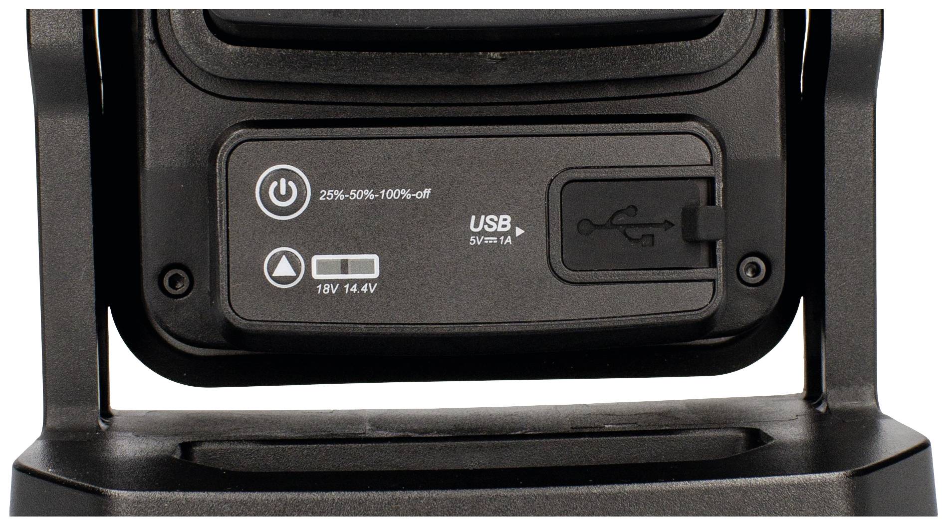 Anzeige auf einem Gerät mit USB-Anschluss, Ladezustandsanzeige (25%-50%-100%-off) und Spannungsspezifikationen (18V, 14.4V).