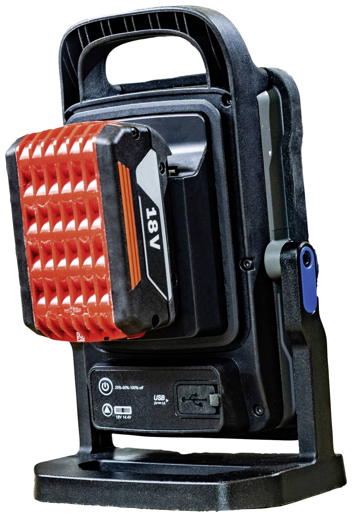 Tragbare LED-Arbeitsleuchte mit rotem 18V Akku, schwarzem Gehäuse und USB-Anschluss. Verstellbarer Standfuß für flexible Ausrichtung.