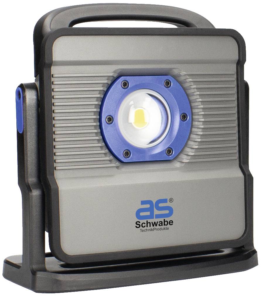 Tragbarer LED-Arbeitsstrahler mit blauem Ring, ergonomischem Griff und stabilem Standfuß, geeignet für Baustellenbeleuchtung.