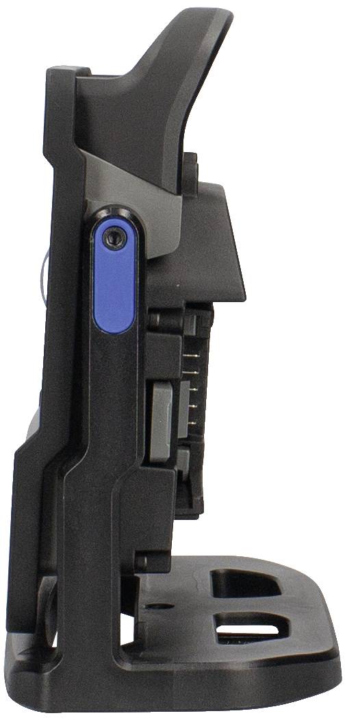 Schwarzes, ergonomisches elektronisches Gerät mit blauer Taste, seitliche Ansicht. Es scheint eine Funktion für Anpassungen zu haben.