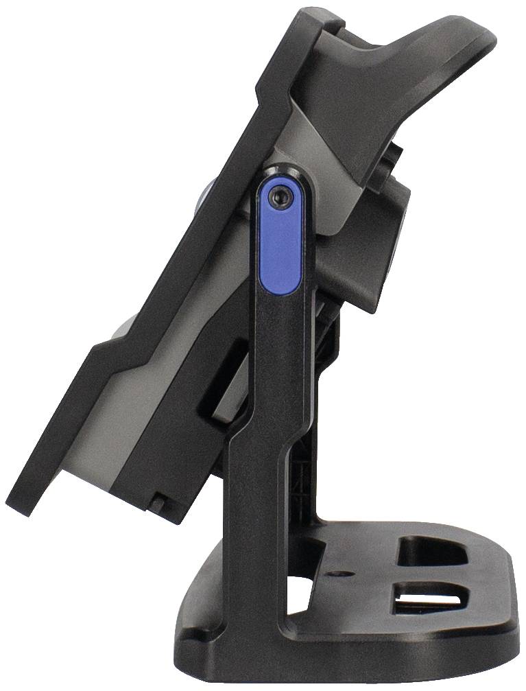 Ein Tablet in einer robusten Halterung, seitliche Ansicht.