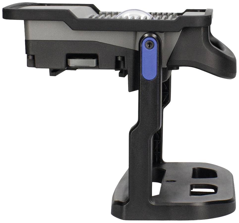 Seitenansicht eines schwenkbaren, tragbaren Strahlers mit ergonomischem Griff, blauem Knopf und stabiler Standbasis.