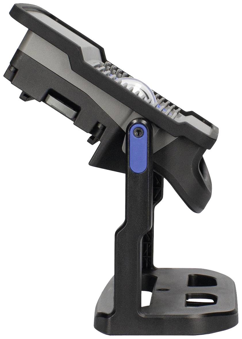 Seitliche Ansicht eines neigbaren schwarzen Gerätehalters mit blauen Akzenten. Geeignet zur sicheren Positionierung elektronischer Geräte.