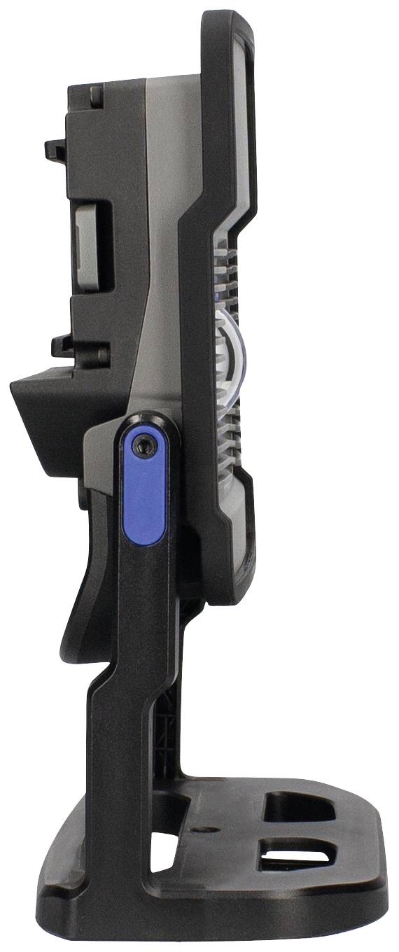 Seitliche Ansicht eines schwarzen Monitors auf einem Standfuß, mit blauer Taste an der Seite.