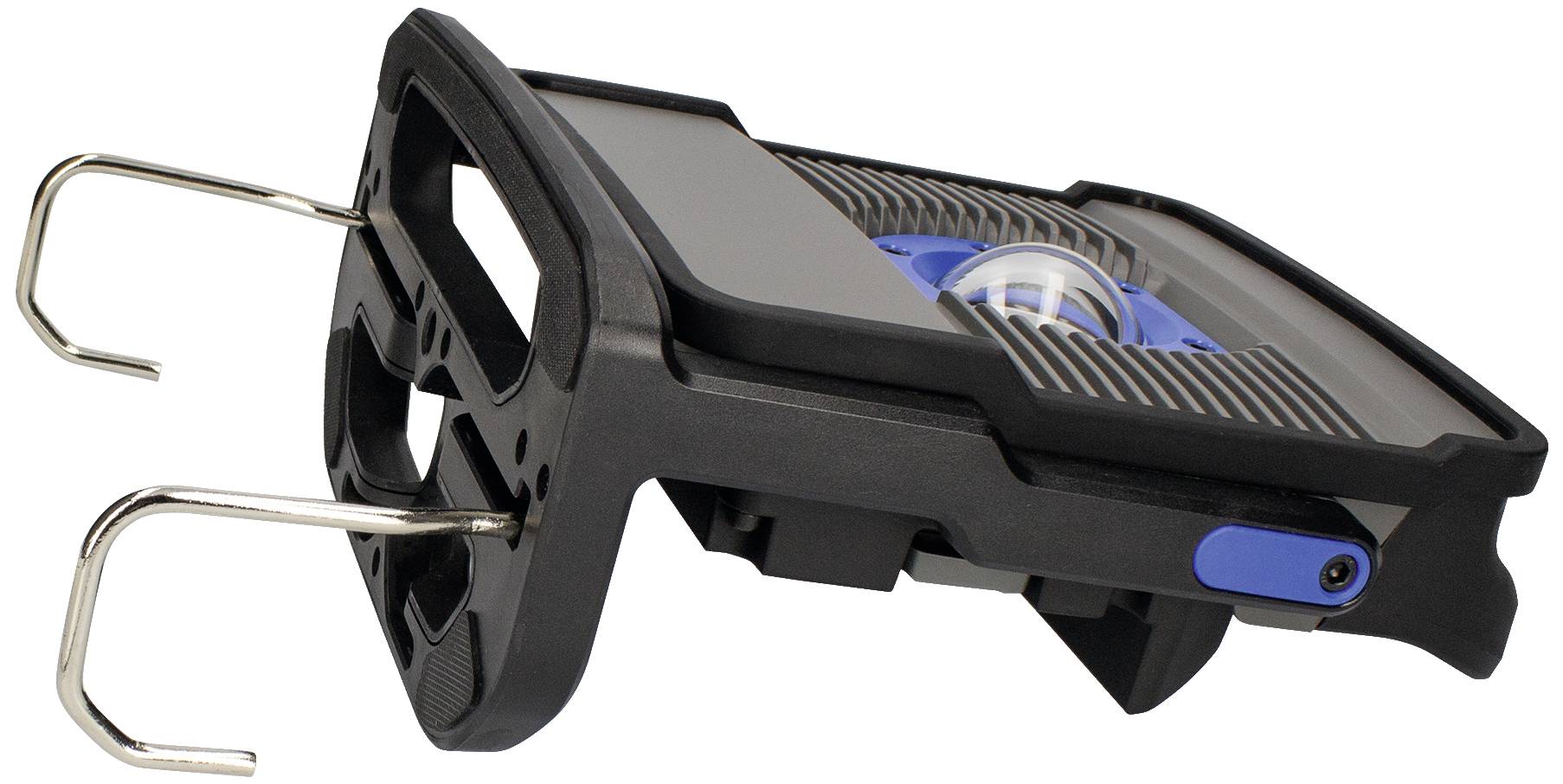 Ein schwarzer Plastikhalter mit Metallhaken und einem blauen Element in der Mitte. Er scheint zum Befestigen an einer Oberfläche konzipiert zu sein.