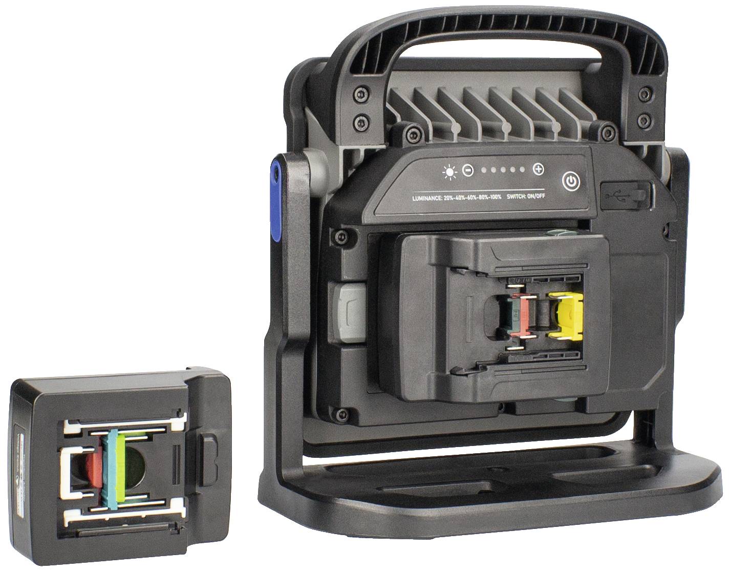 Ein Ladegerät mit abnehmbarem Akku, beide in schwarzem Gehäuse. Der Akku zeigt farbcodierte Anschlüsse in Blau, Grün, Rot und Gelb.