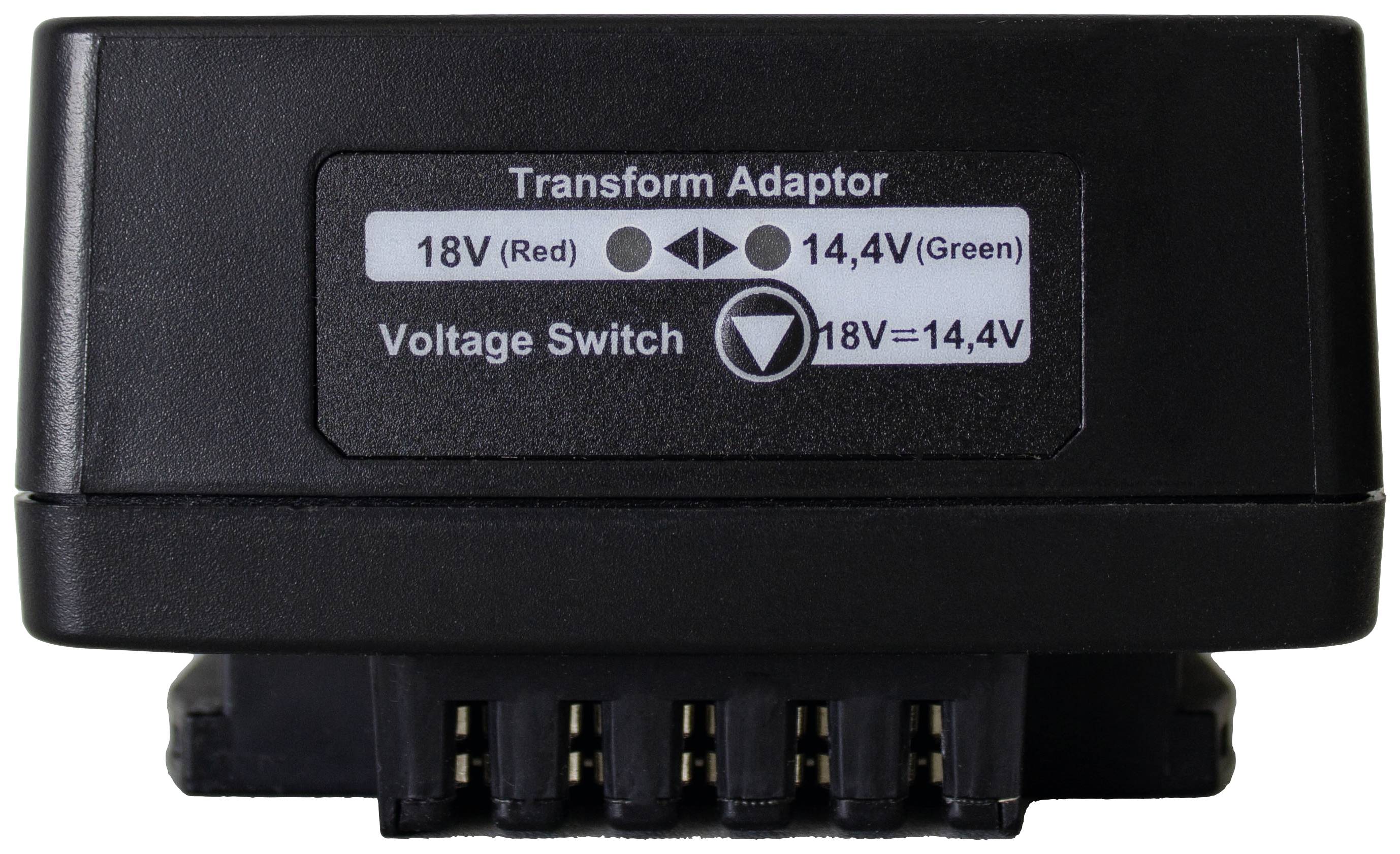 Schwarzer Transformatoradapter mit zwei Spannungseinstellungen: '18V (Rot)' und '14,4V (Grün)'. Schalter für Spannungswechsel.