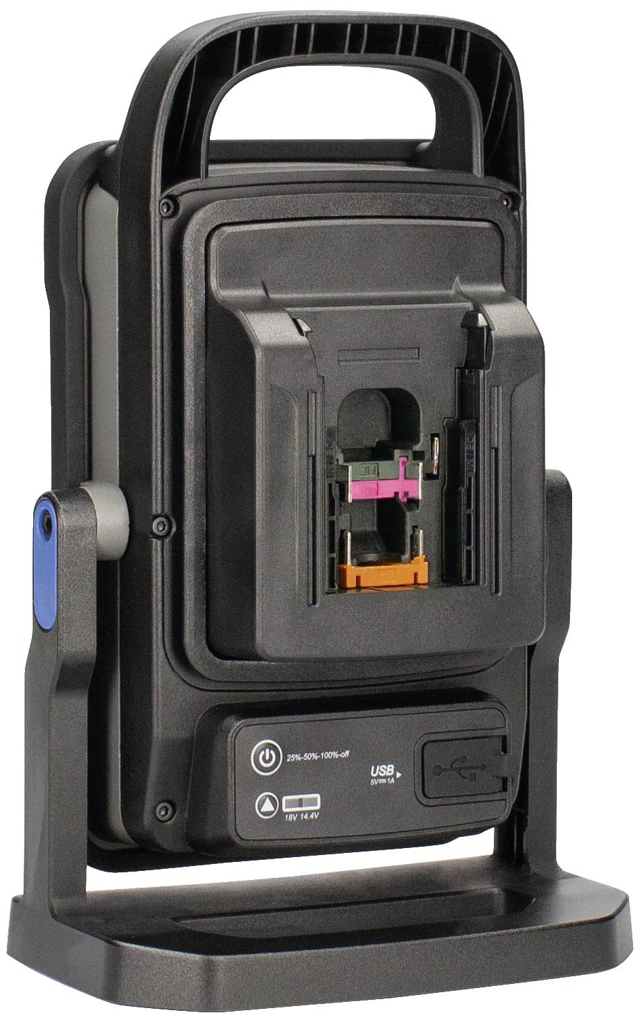 Tragbare Arbeitsleuchte mit Griff und USB-Anschluss, Rückansicht zeigt Batteriefach und Bedienfeld. Ideal für mobile Beleuchtung.