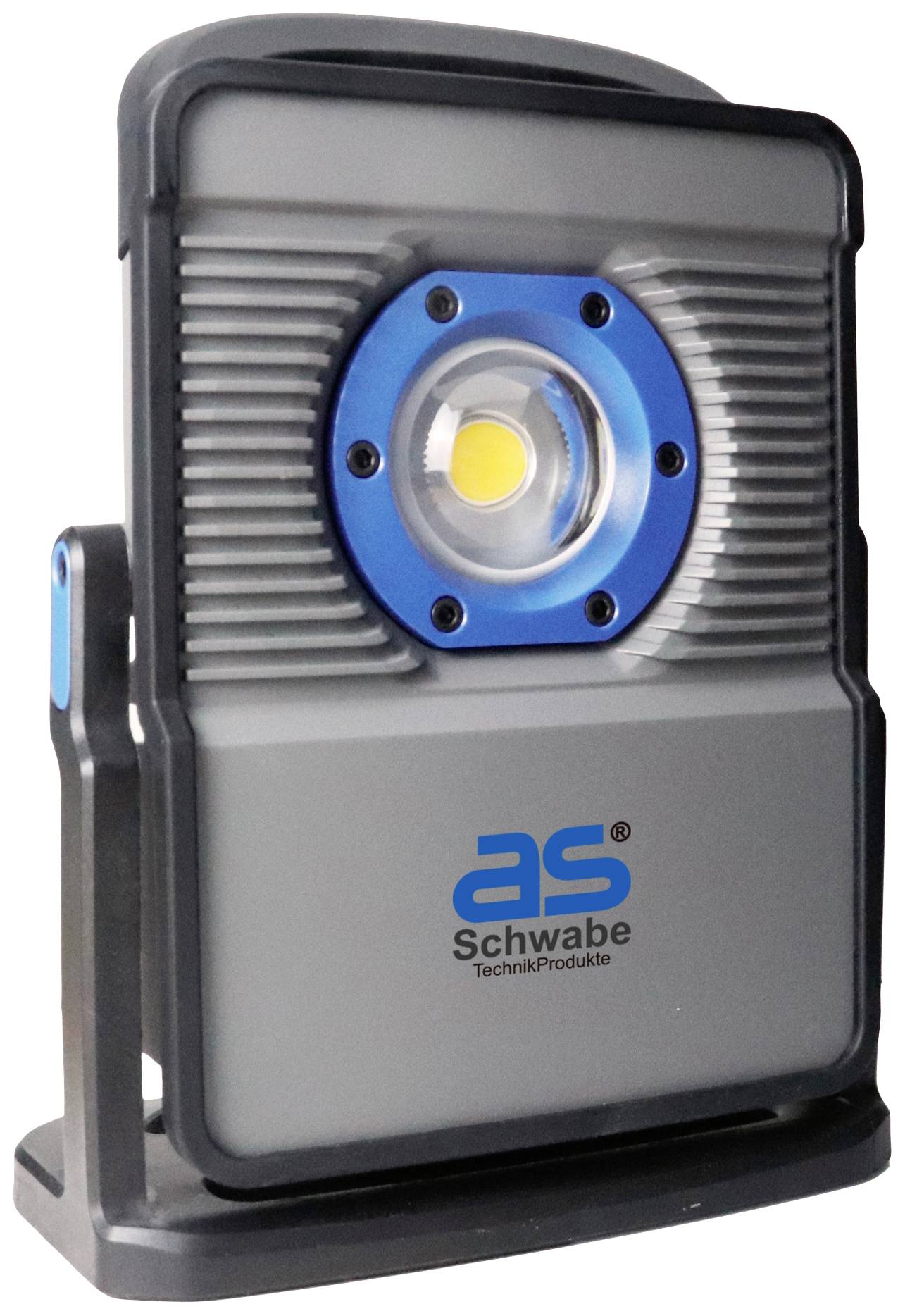 Tragbares LED-Baustellenlicht mit blauer Fassung und grauem Gehäuse, Markenlogo 'as Schwabe' auf der Vorderseite.