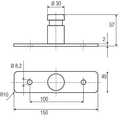 Technische Zeichnung eines Bauteils mit Maßangaben: Zylinder mit Durchmesser 30 mm, Höhe 57 mm. Rechteckige Basis, 150 mm lang, 40 mm breit.
