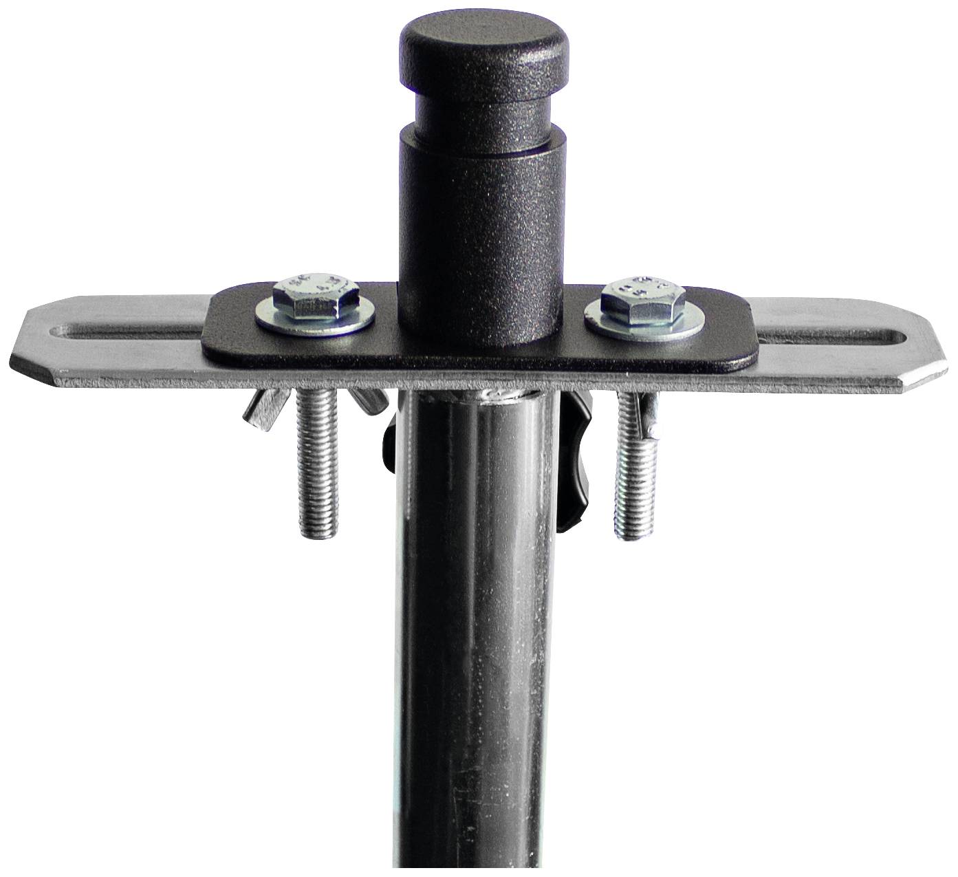Eine schwarze Metallhalterung mit zwei Schrauben auf einem vertikalen Rohr, geeignet für Befestigungszwecke.