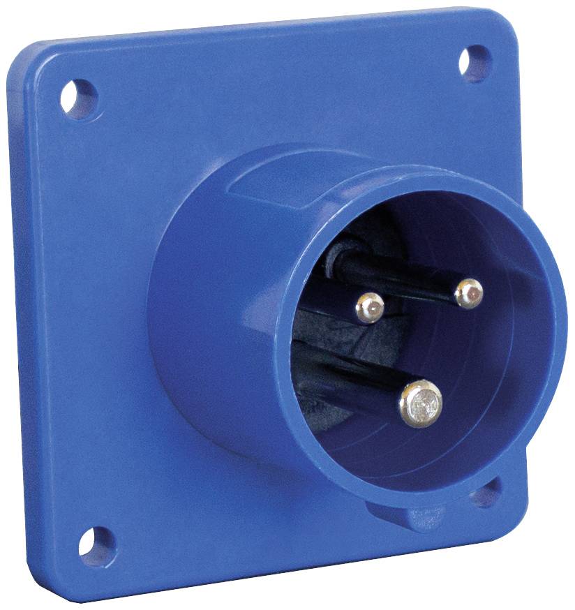 Blaue Wandsteckdose mit zwei runden Stiften, geeignet für industrielle Anwendungen.