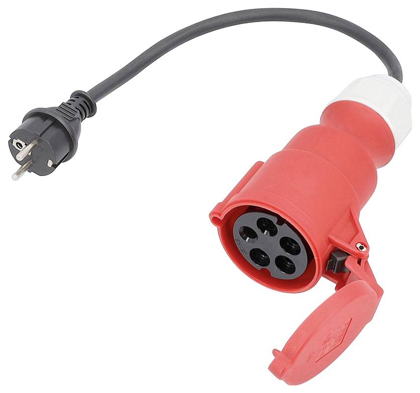 Ein rotes Kraftstromkabel mit einem dreipoligen Stecker, geeignet für industrielle Anwendungen.