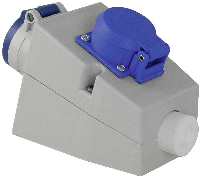 Grauer, schräg geformter elektrischer Steckverbinder mit blauem Deckel.