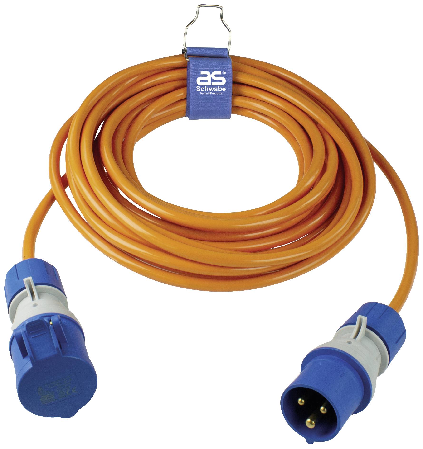 Ein 10 Meter langes, oranges Verlängerungskabel mit einem blauen Stecker und einer blauen Kupplung von AS Schwabe, geeignet für Camping.
