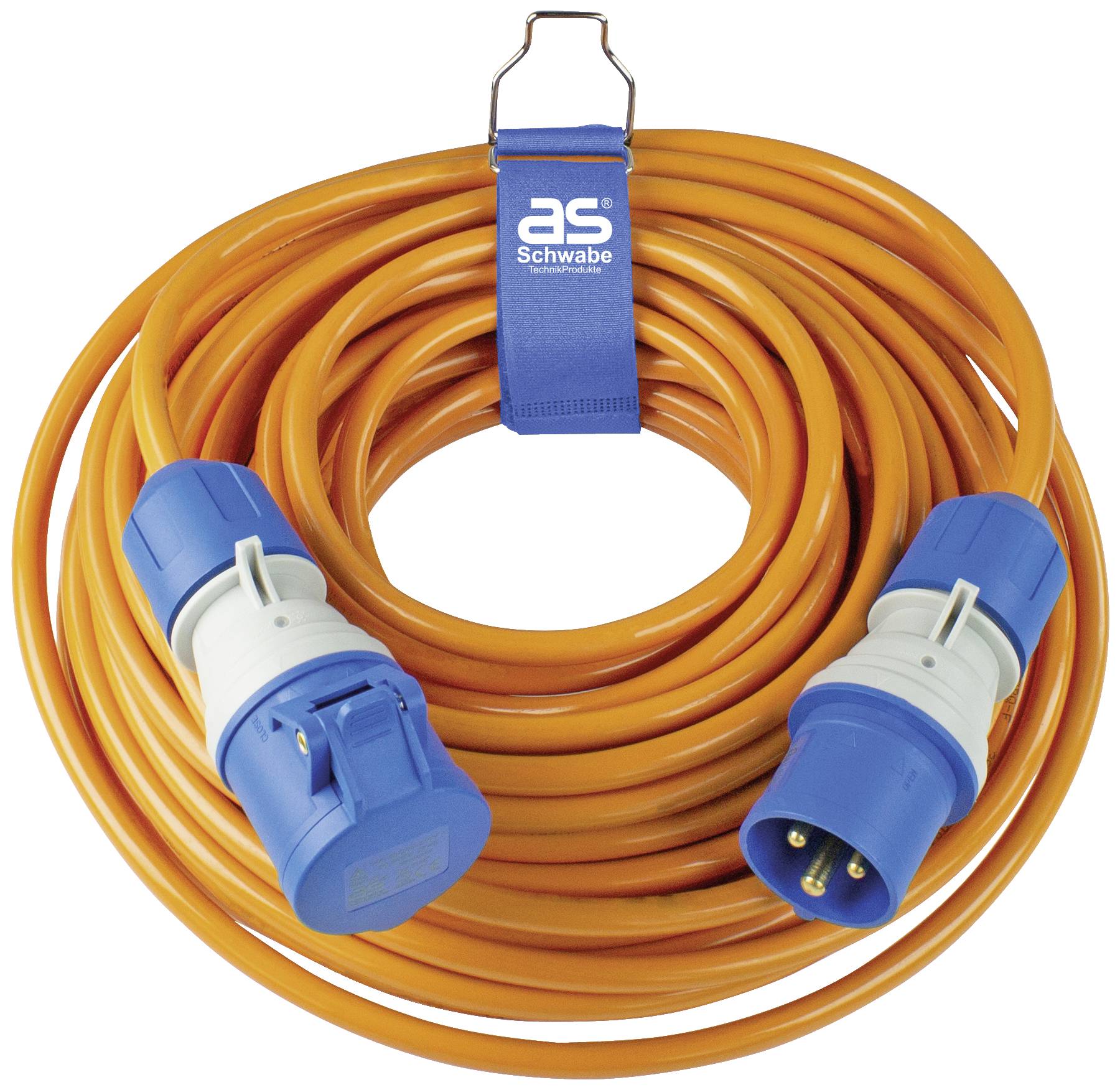 Ein orangefarbenes Verlängerungskabel mit blauen CE-Steckern ist aufgerollt. Der Markenname 'as-Schwabe' ist auf einem blauen Band sichtbar.