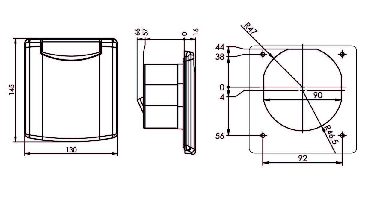 Technische Zeichnung eines rechteckigen Bauteils mit Abmessungen: Höhe 145 mm, Breite 130 mm, Tiefe 57 mm, weitere Maße auf Skizze.