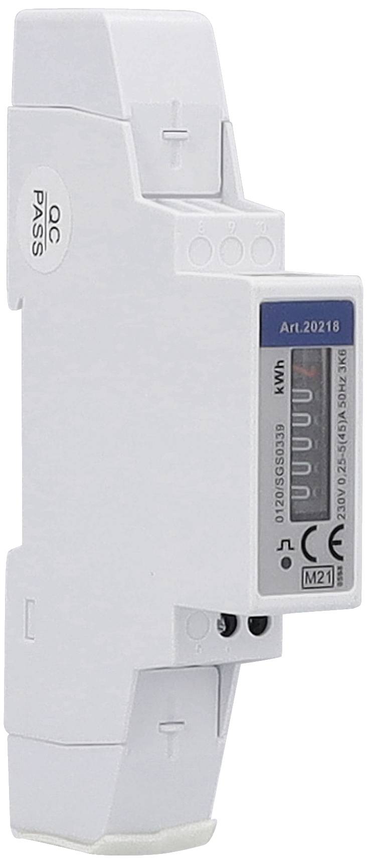 Ein kompaktes weißes elektrisches Messgerät mit Anzeige, auf einem Sockel montiert. Geeignet für die Messung des Energieverbrauchs.