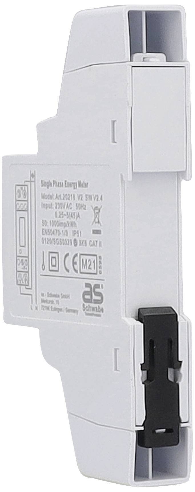 Einphasiger Energiezähler in vertikaler Ansicht mit technischen Spezifikationen auf der Vorderseite und einer schwarzen Klemme rechts.