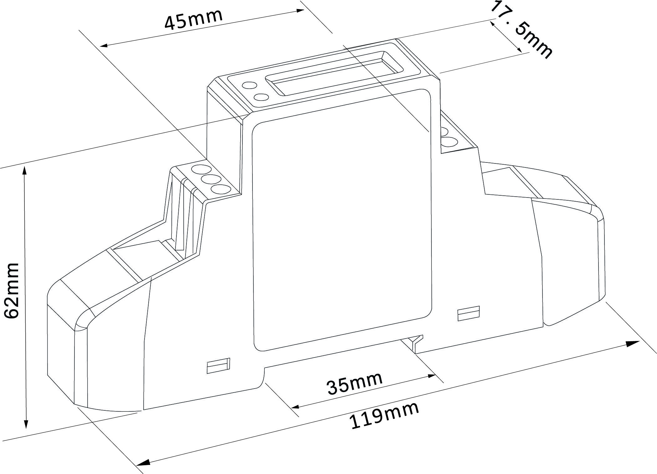 Technische Zeichnung eines elektronischen Geräts mit Abmessungen: 119mm Breite, 62mm Höhe, 45mm und 35mm Tiefe.