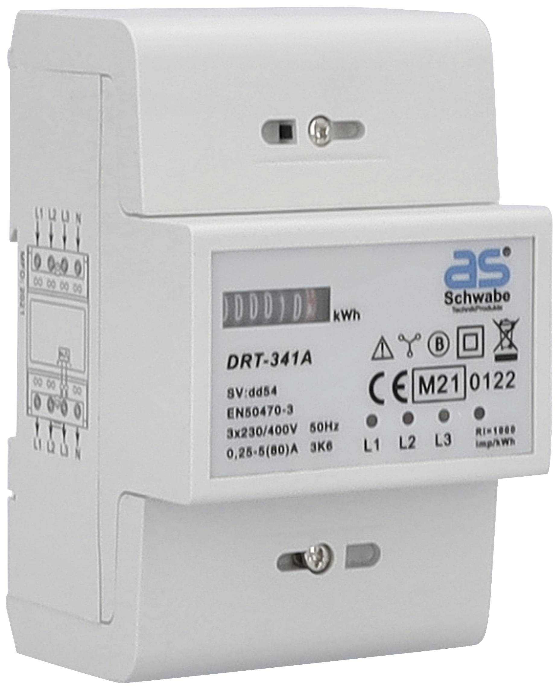 Weißer Stromzähler, Modell 'DRT-341A', zeigt kWh-Messung. Trägt CE-Kennzeichnung, geeignet für 3x230/400V, 50Hz Anschluss.